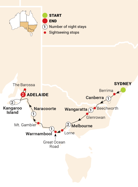 tourhub | AAT Kings | Tastes of Southern Australia | ESMA24 | Route Map