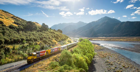 TranzAlpine Train alongside Waimakariri River, South Island