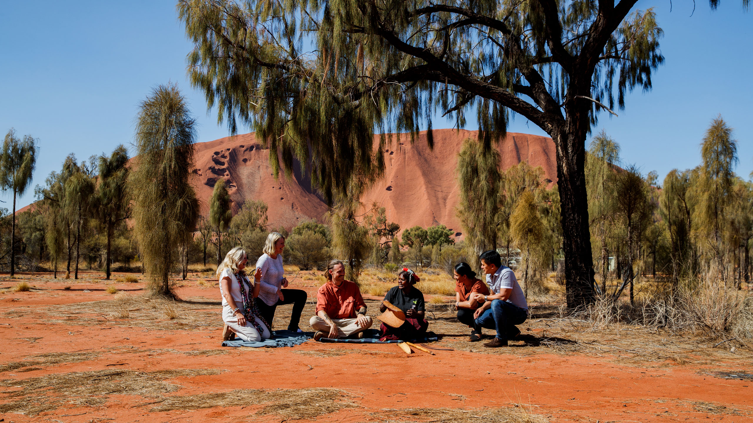 A group of people sitting under tree on top of a sandy field