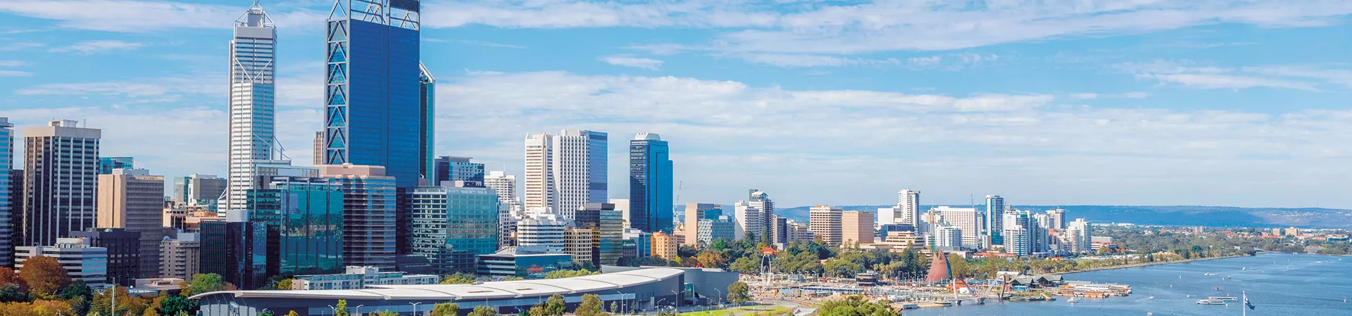 Perth city skyline with skyscrapers and parks