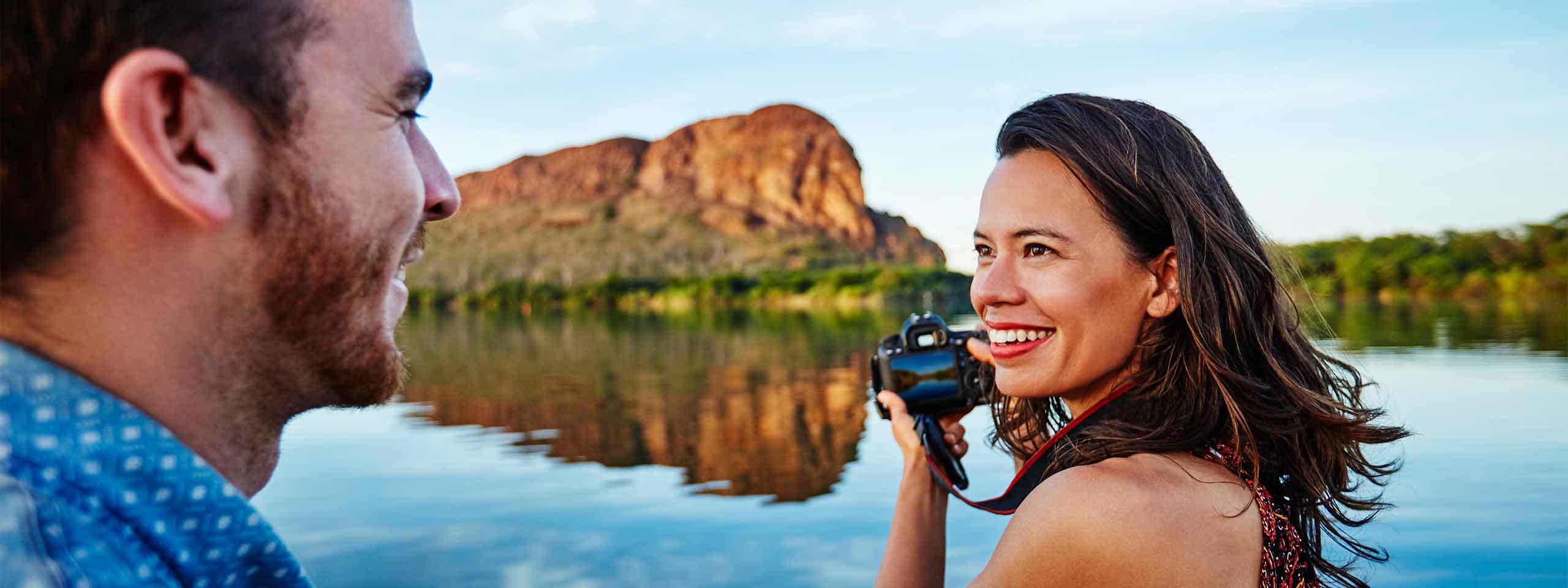 Two people smiling and taking a photo at Ord River