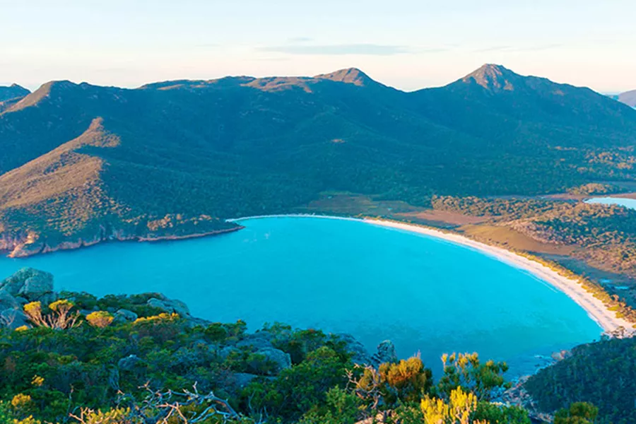 Landscape of Wineglass Bay in Freycinet National Park on sunny day
