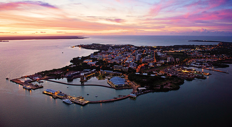 Landscape of the harbour in Darwin at sunset