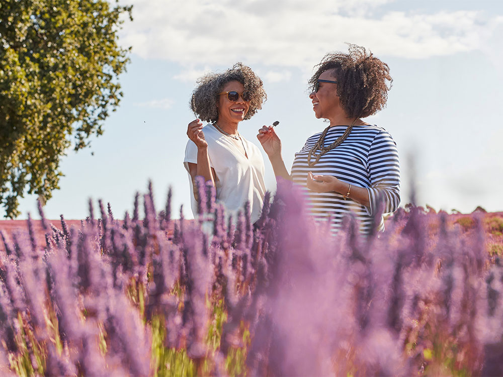 Two women standing in a field of lavender
