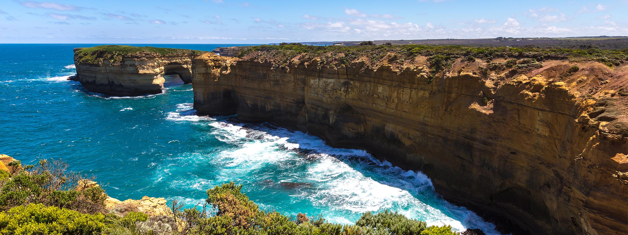 Rock formation by the water with greenery