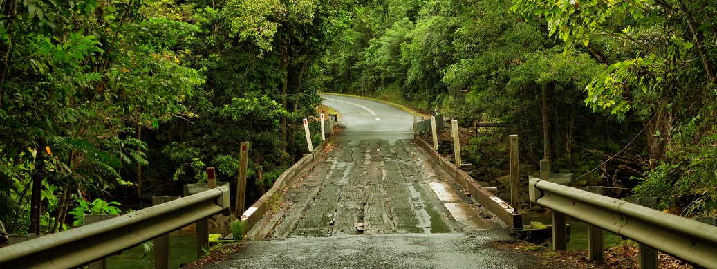 A bridge that is over a road in the woods