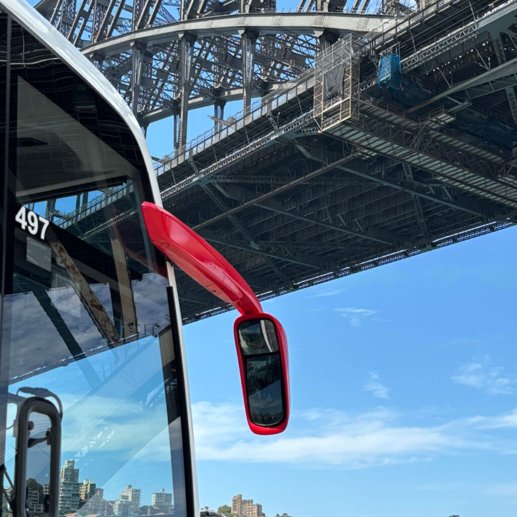 View of Sydney Harbour Bridge structure from an AAT Kings coach