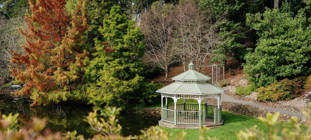 White gazebo beside a small pond surrounded by tall trees and greenery in a landscaped park setting.
