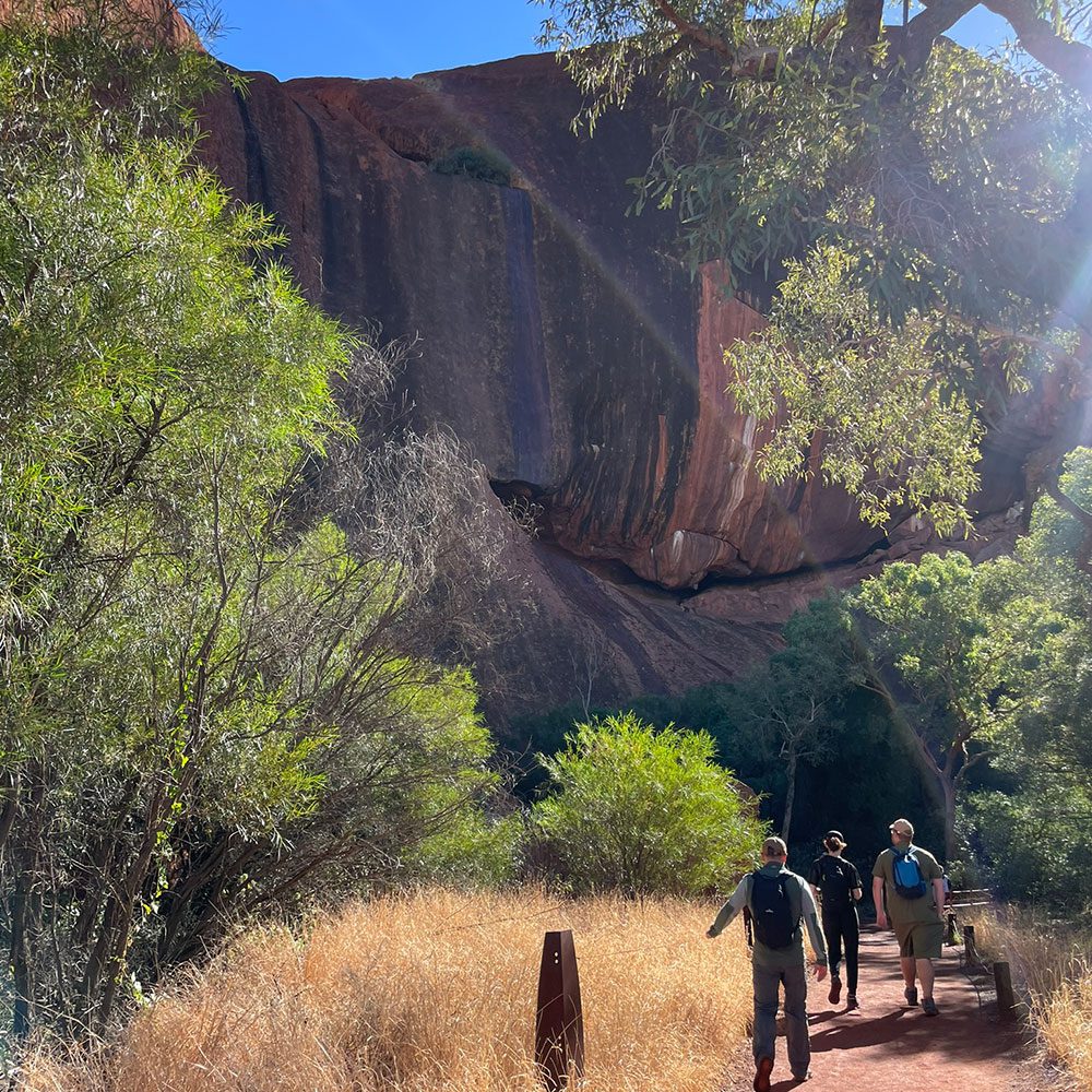 Three hikers follow a red dirt trail through native bushland toward towering red sandstone cliffs under a clear blue sky
