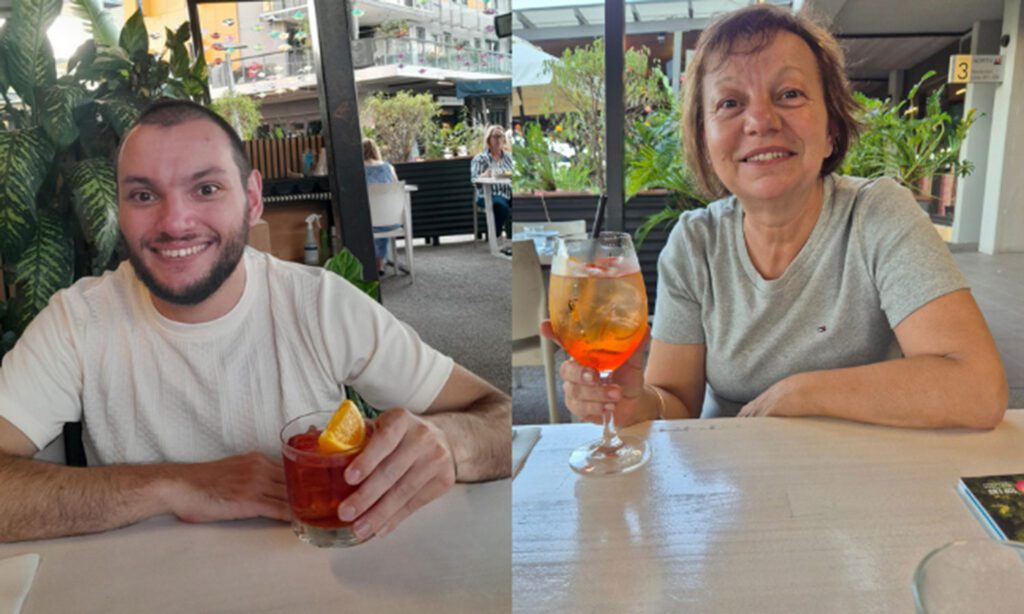 Side-by-side photos show a smiling man and woman seated at an outdoor restaurant table, each holding a colorful drink.