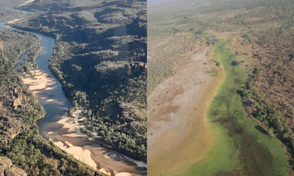 Side-by-side aerial views show a winding river through rugged forested gorges and expansive wetlands with green floodplains surrounded by bushland.