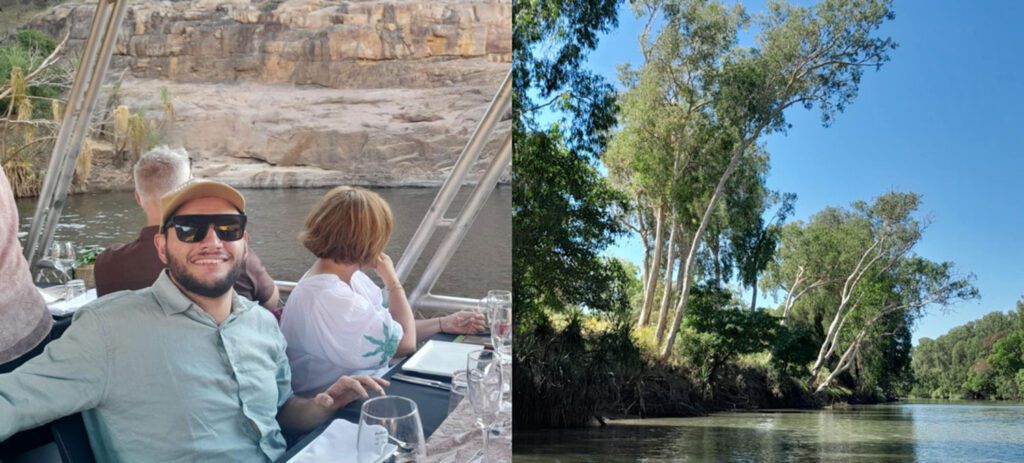 Side-by-side photos show a smiling passenger dining aboard a river cruise and a calm tree-lined river beneath a clear blue sky