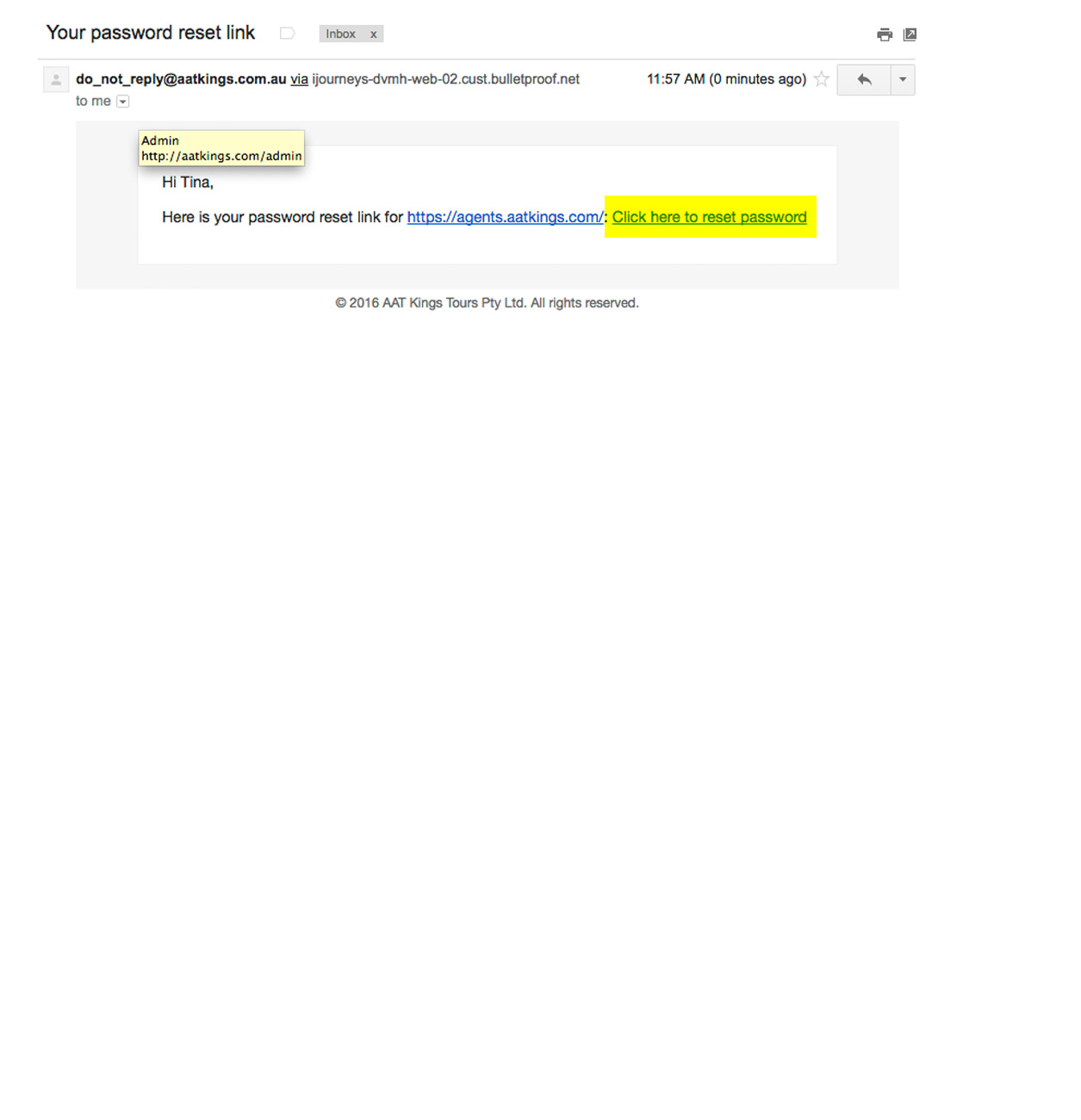 Password Reset Email screenshot